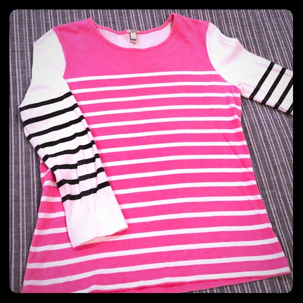 JCREW 3/4 sleeve top.  Hot pink/white/grey stripes